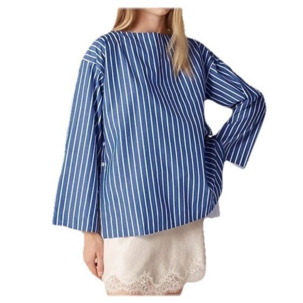 J.Crew Womens Ciel Top Small Deep Sea Stripe Poplin Side Button Long Sleeve NWT